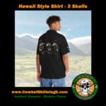 Hawaiian Style shirt with 3 skulls and crossed shillelaghs image on back