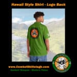 Hawaiian style shirt with Irish triskelion image on back