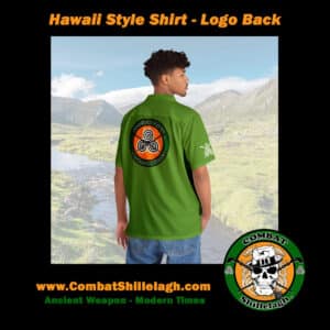 Hawaiian style shirt with Irish triskelion image on back