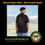 Hawaii style shirt with red crystal skull and two crossed shillelaghs image on back