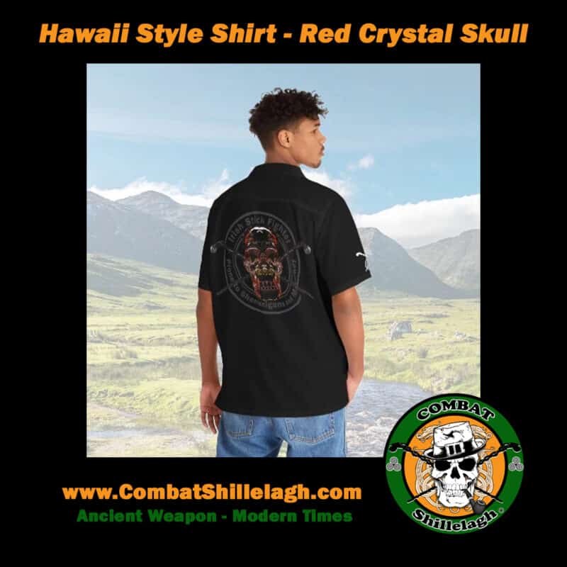 Hawaii style shirt with red crystal skull and two crossed shillelaghs image on back